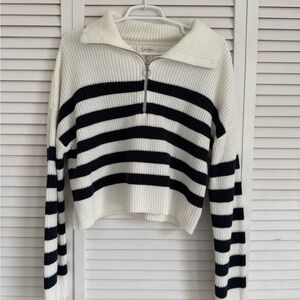 Jessica Simpson White & Navy Striped Cropped Zip Cowl Sweater